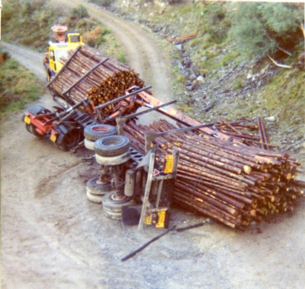 Overturned timber lorry above Loch Ness