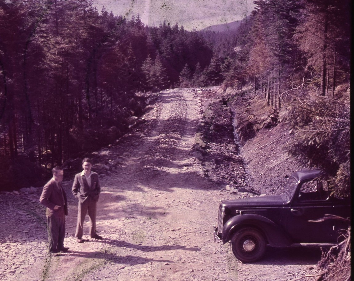Men on new forest road circa 1958