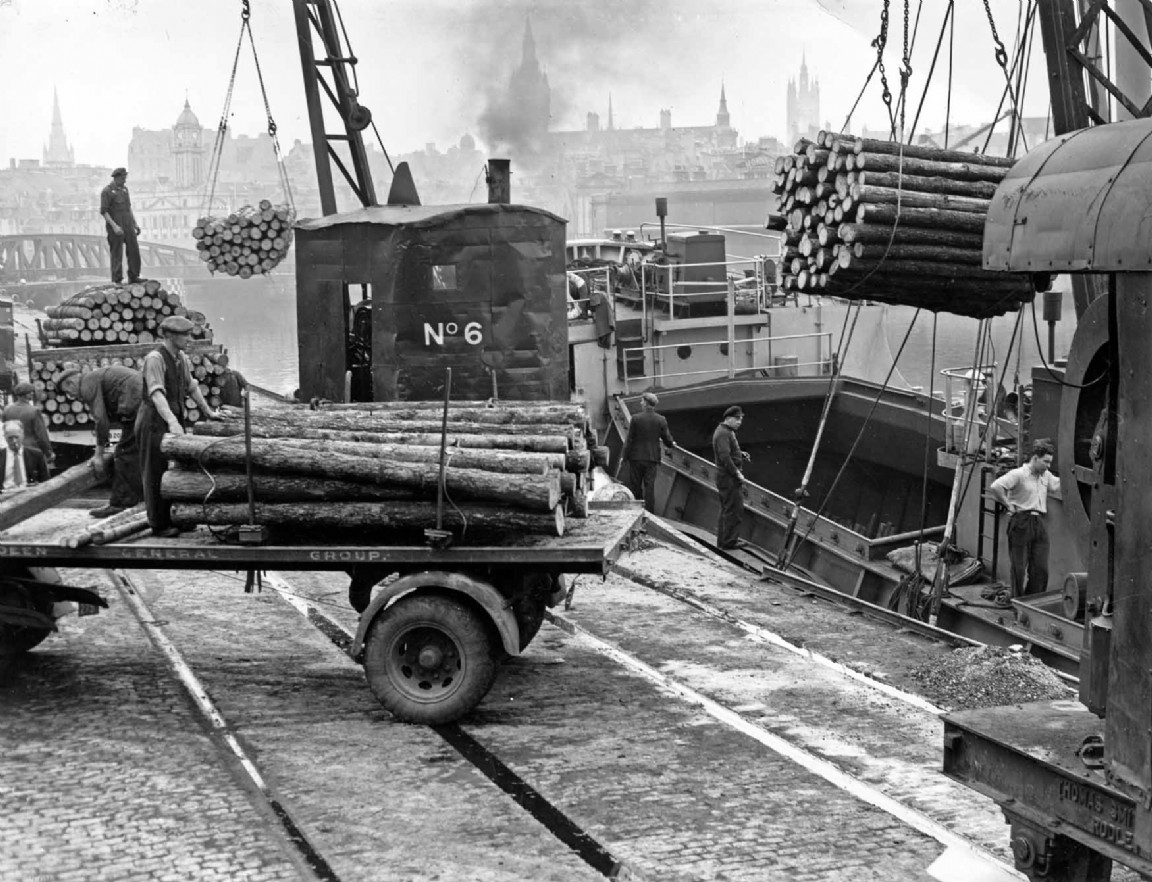Loading logs in Aberdeen Harbour c1954
