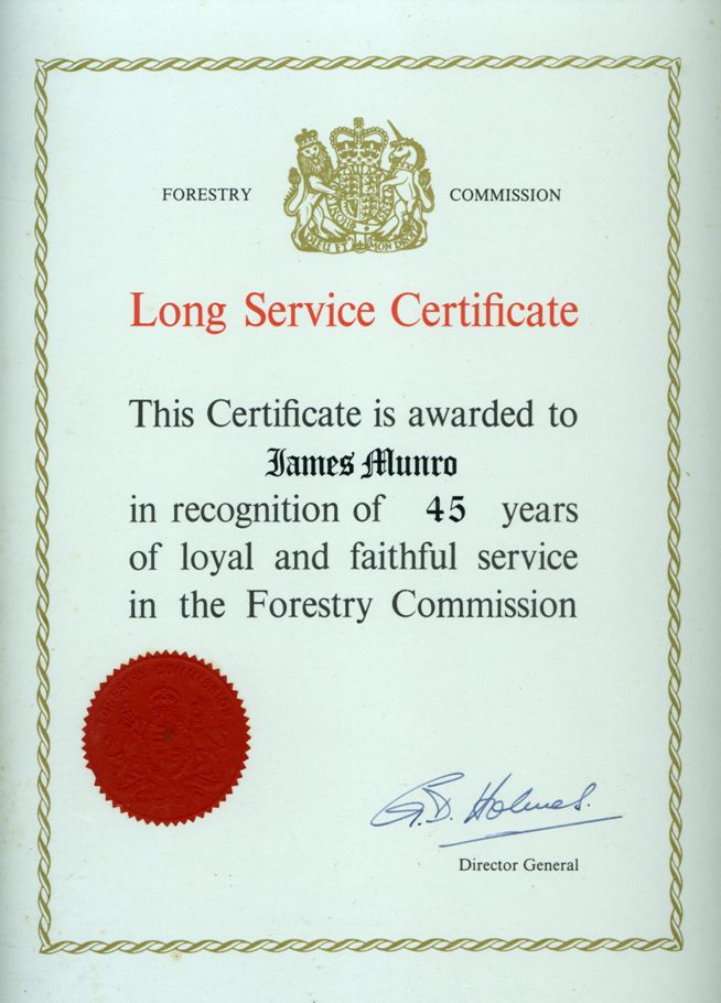 Long Service Certificate for James Munro