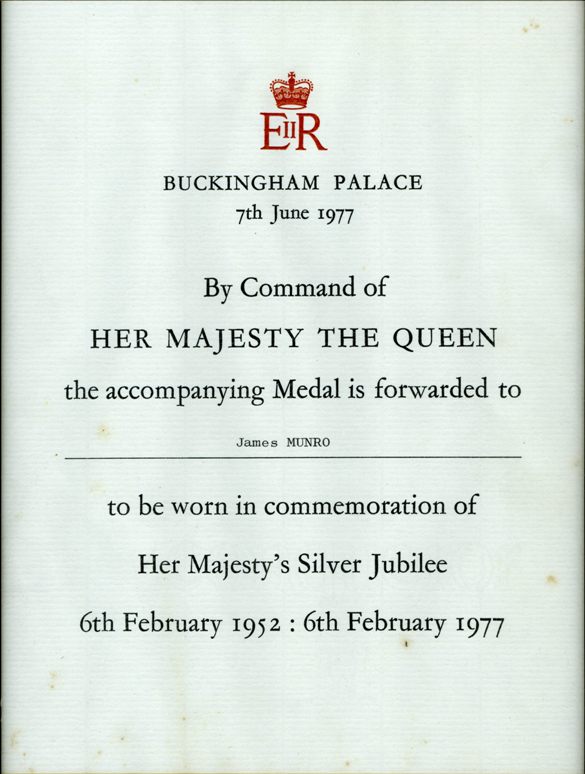 Silver Jubilee Medal &mdash; James Munro