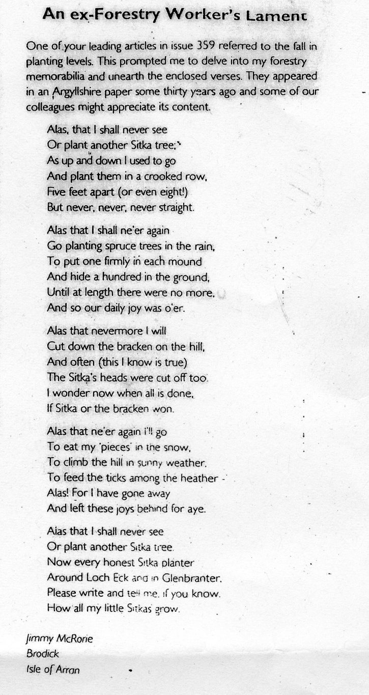 Sitka spruce planting verses - An Ex-Forestry Worker's Lament