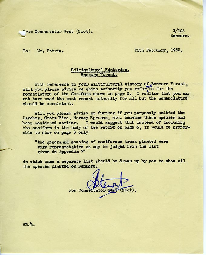 Benmore Forest History Correspondence