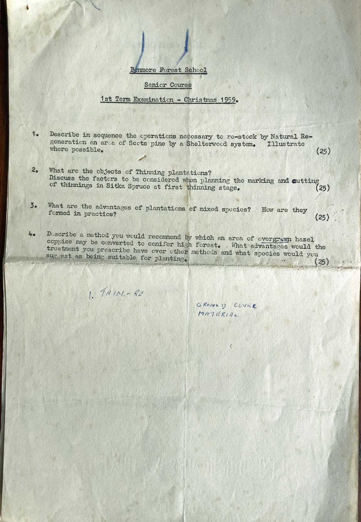 Benmore Forestry School � Senior Year Examination Paper 1959