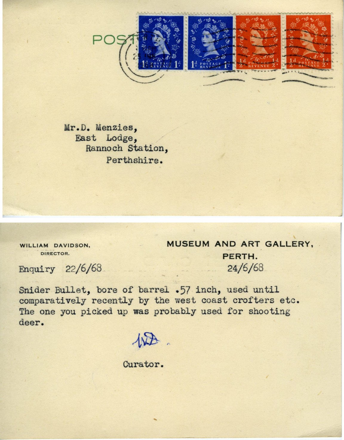 Post Card response to a bullet cartridge sent to Perth Museum