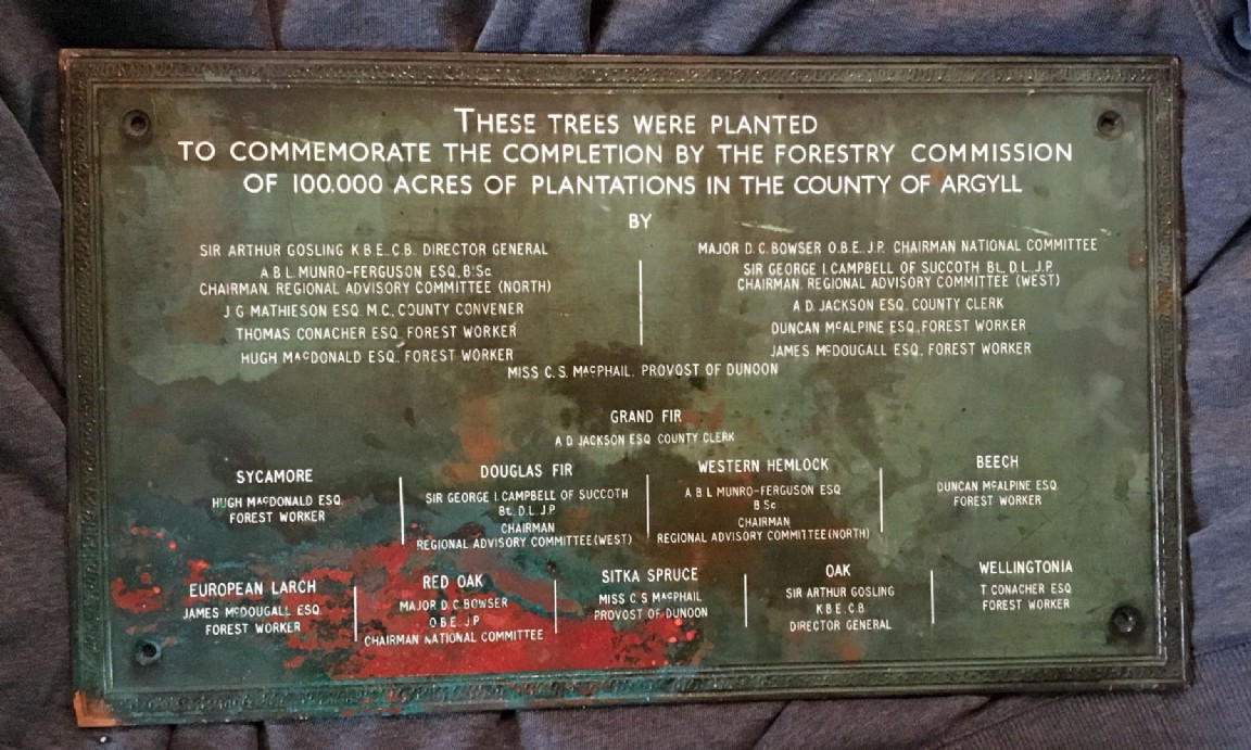 Metal Plaque celebrating100,000 acres planted by the Forestry Commision in Argyll