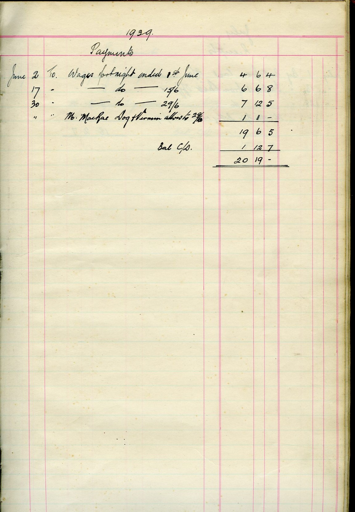 Ratagan Forest Cash Account Ledger June 1939 - May 1941