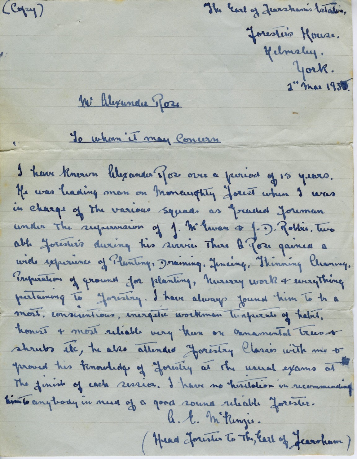 Alexander (Sandy) Rose � Letter of recommendation from A E McKenzie