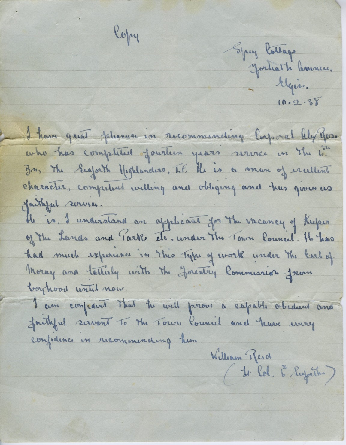 Alexander (Sandy) Rose � Letter of recommendation from William Reid