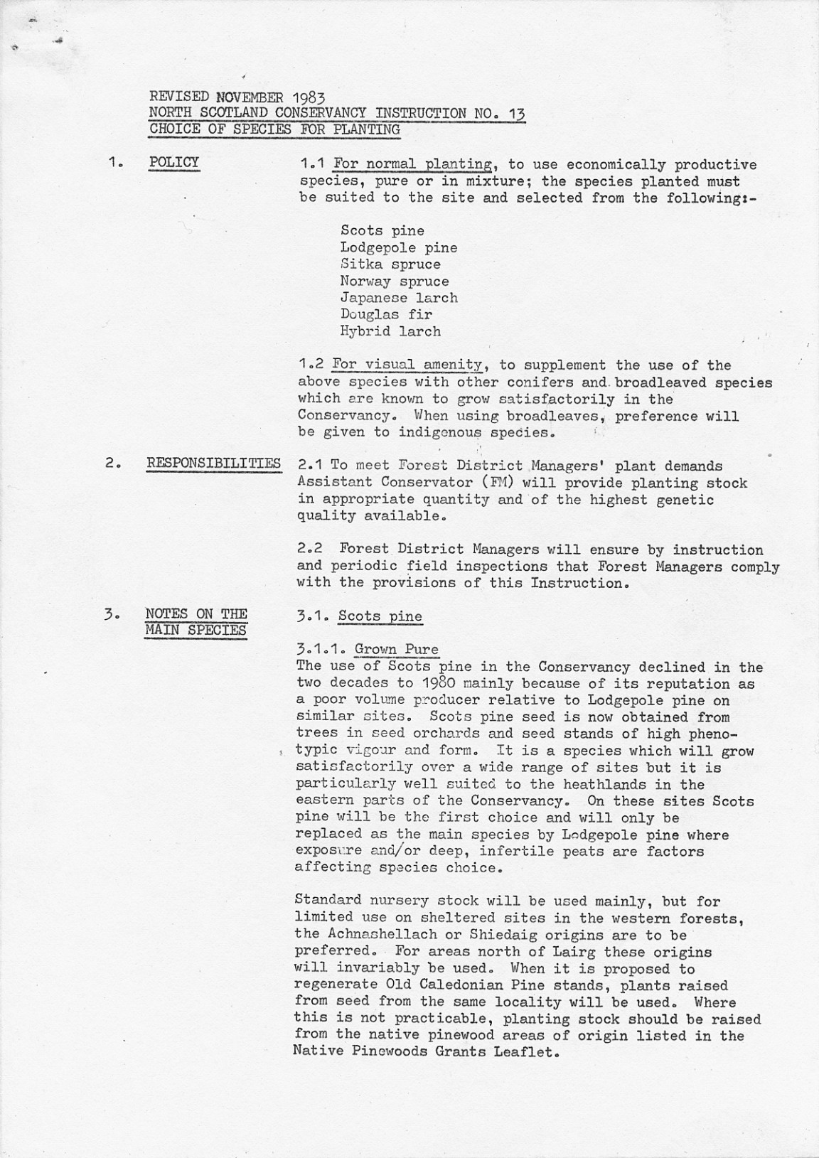 Revised November 1983, North Scotland Conservancy Instruction No.13, Choice of Species for Planting