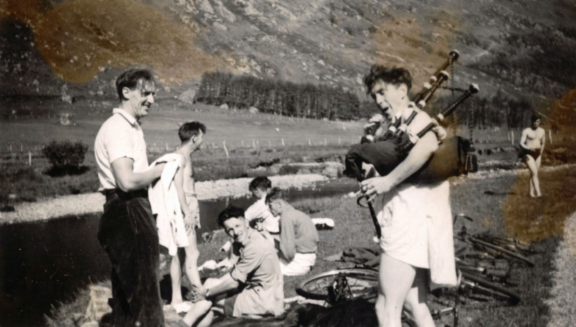 Benmore Forestry Students relaxing on riverside in 1949