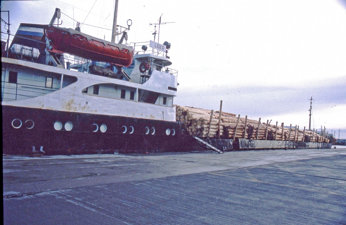 MV Lidar at Aberdeen Harbour with peeled Estonian Logs � Feb 1994