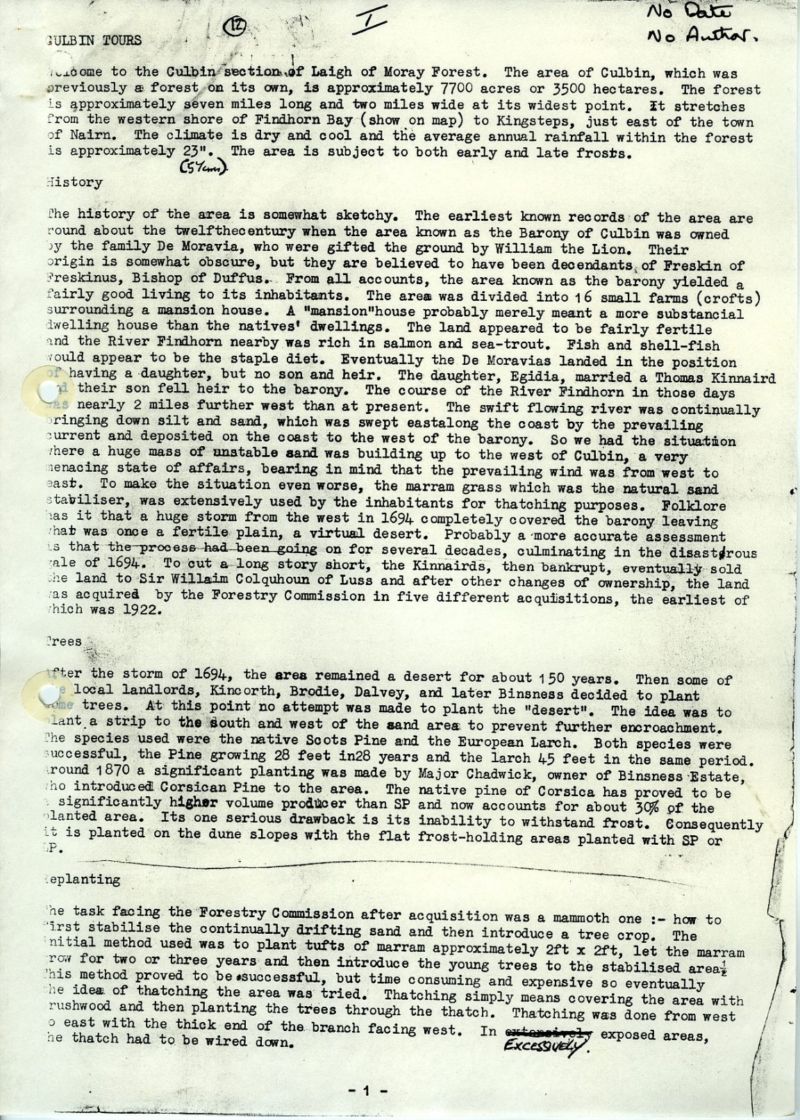 Culbin Tour Notes circa 1970s