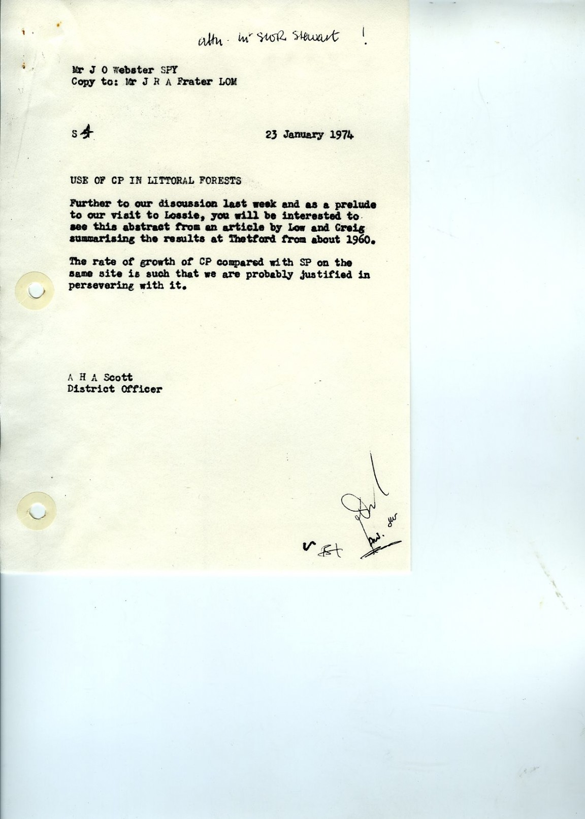 Letter from District Officer A H A Scot and report on Corsican pine in Thetford circa 1970