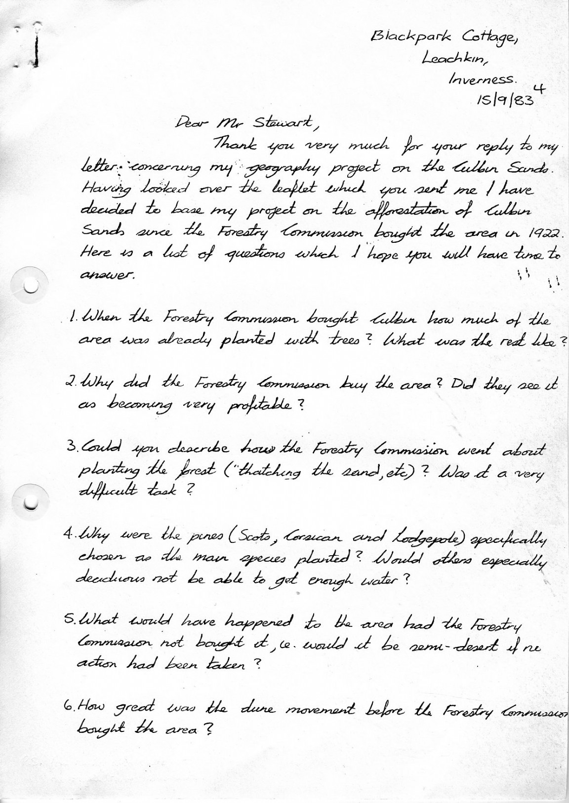 Schoolchild, Jackie Walder, geography project questions and reply by Sandy Watson