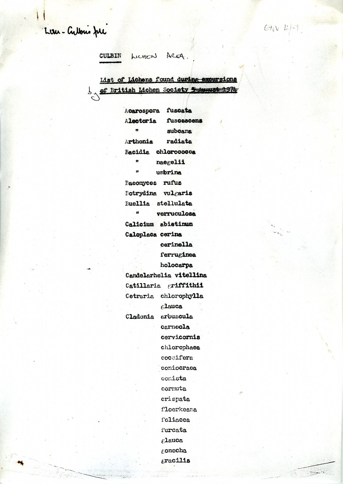 Culbin Forest � List of Lichens as per British Lichen Society 1984