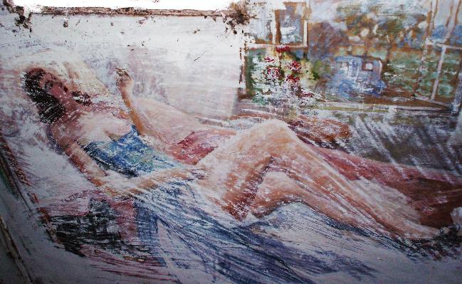 Starlet reclining mural, partially uncovered.