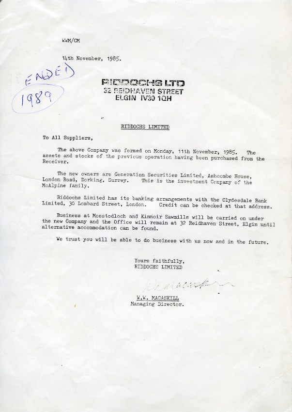 Information letter on new Riddochs Ltd