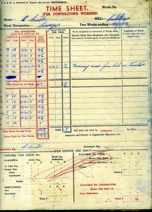 Sawmiller's timesheet - Riddoch of Rothiemay