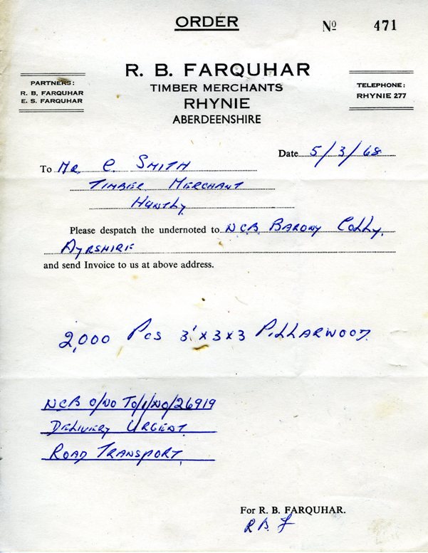 Timber Order from R B Farquhar, Rhynie