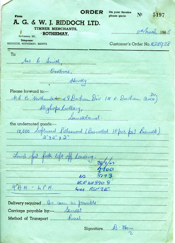 Timber Order from AG & WJ  Riddoch, Rothiemay